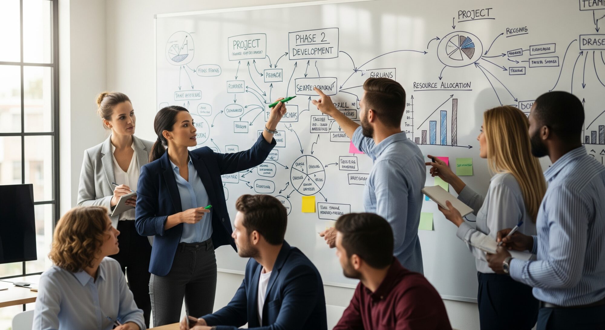 Une équipe de professionnels diversifiée est rassemblée autour d'un ordinateur portable dans un bureau moderne, travaillant en collaboration sur un projet.
