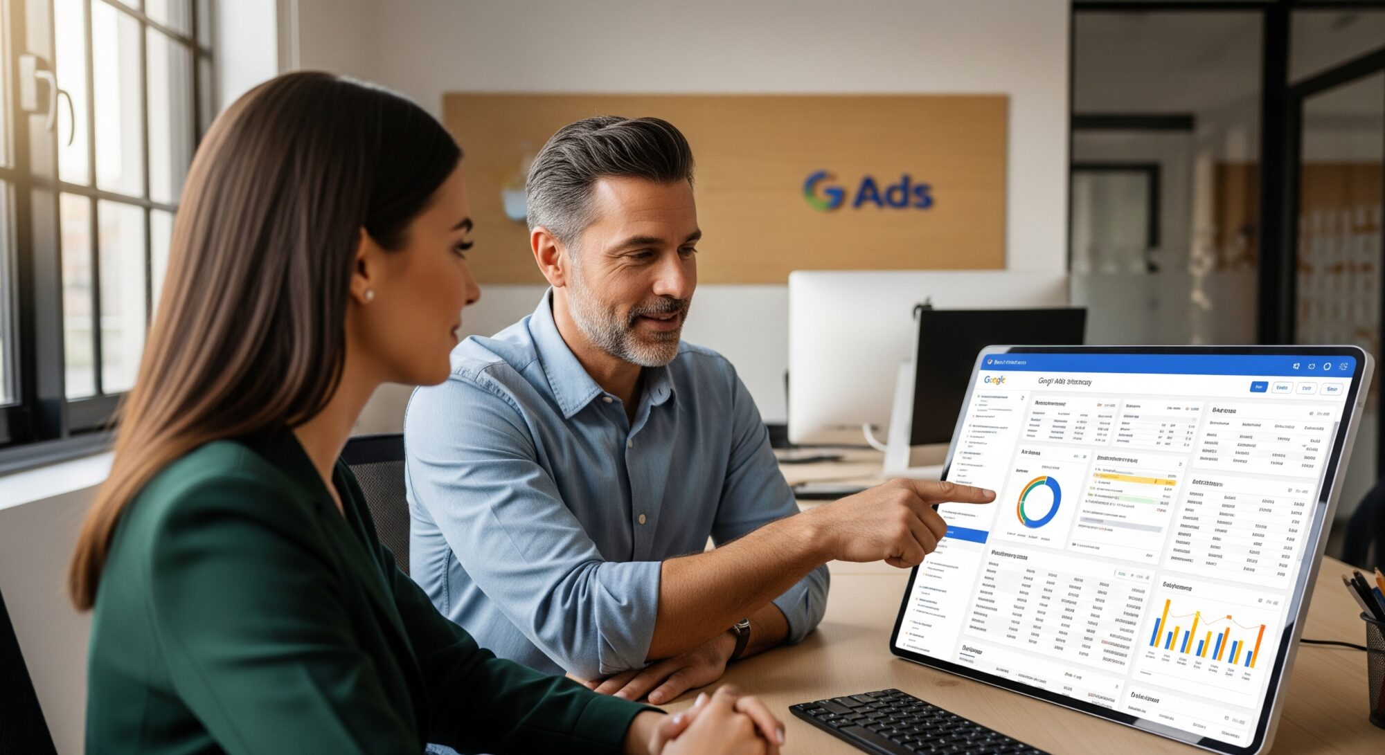 n spécialiste en marketing numérique qui conseille un client sur les dernières stratégies de Google Ads pour maximiser le retour sur investissement.