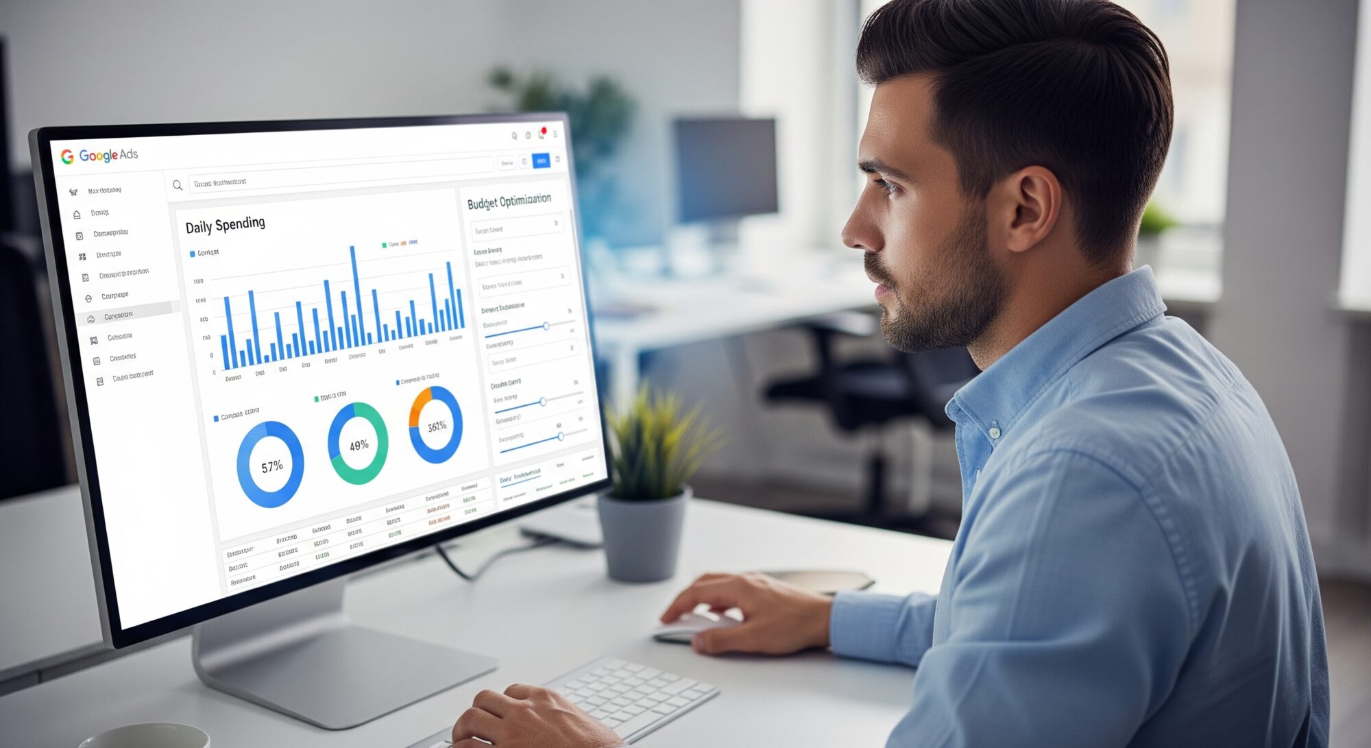 Un gestionnaire de campagnes Google Ads qui optimise un budget publicitaire grâce à un tableau de bord analytique.