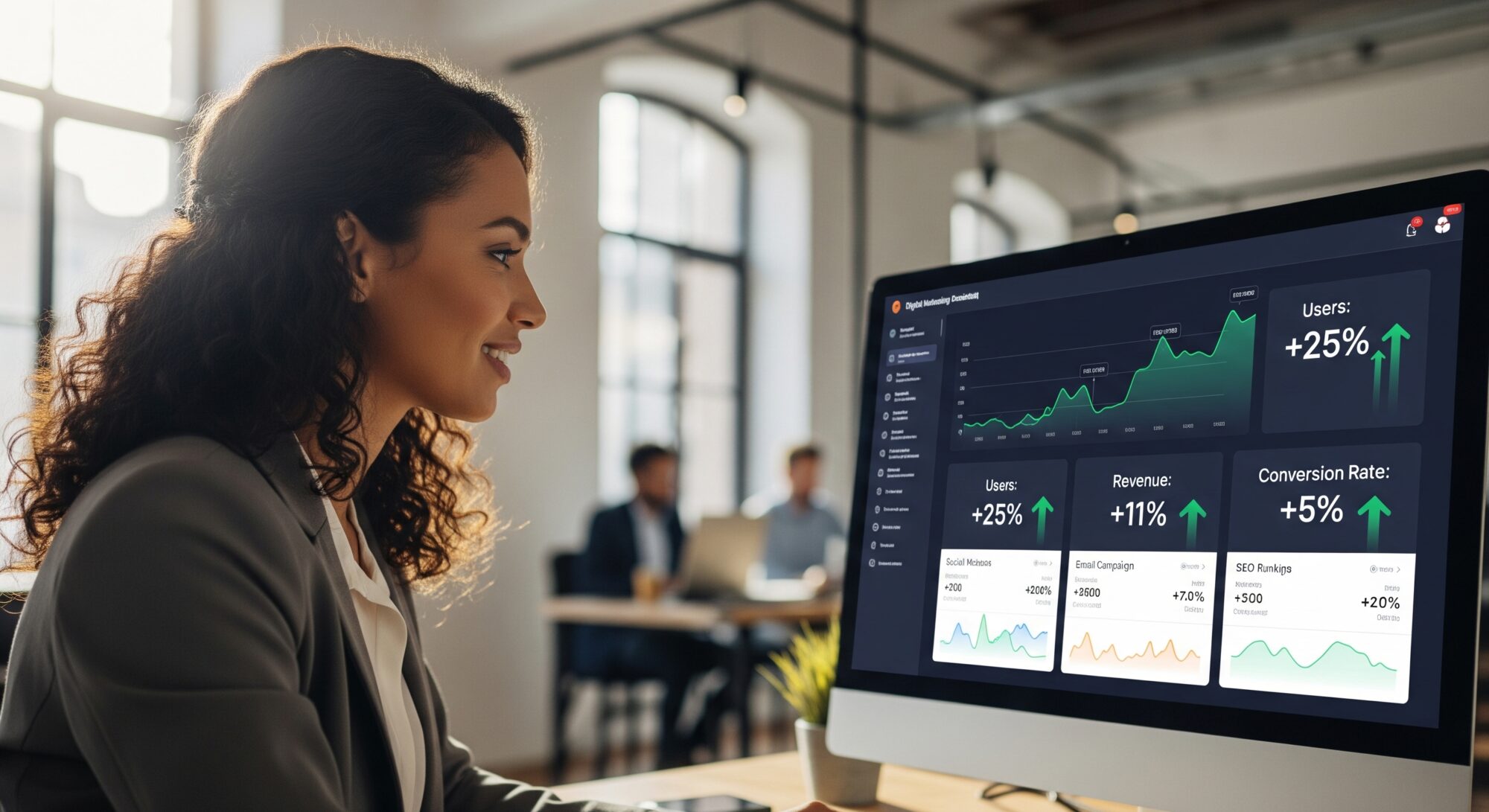 Un professionnel du marketing digital qui examine des données et des indicateurs de performance clés sur un tableau de bord analytique.